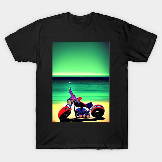 SURREAL RETRO MOTORCYCLE ON THE BEACH T-Shirt by sailorsam1805